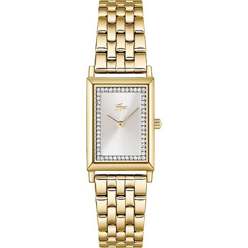 Lacoste dameshorloge in goudkleurig roestvrij staal met rechthoekige wijzerplaat en omringende gekleurde edelstenen.