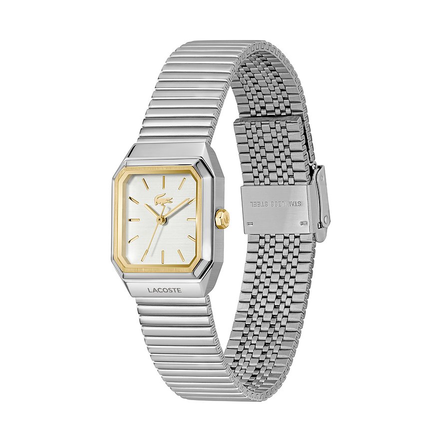 Lacoste Damenuhr aus Edelstahl mit rechteckigem Zifferblatt und silberfarbenem Milanaise-Armband