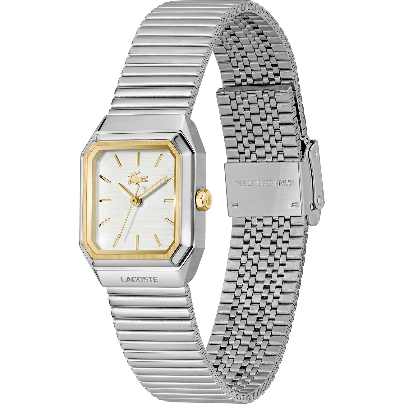 Lacoste Damenuhr aus Edelstahl mit rechteckigem Zifferblatt und silberfarbenem Milanaise-Armband