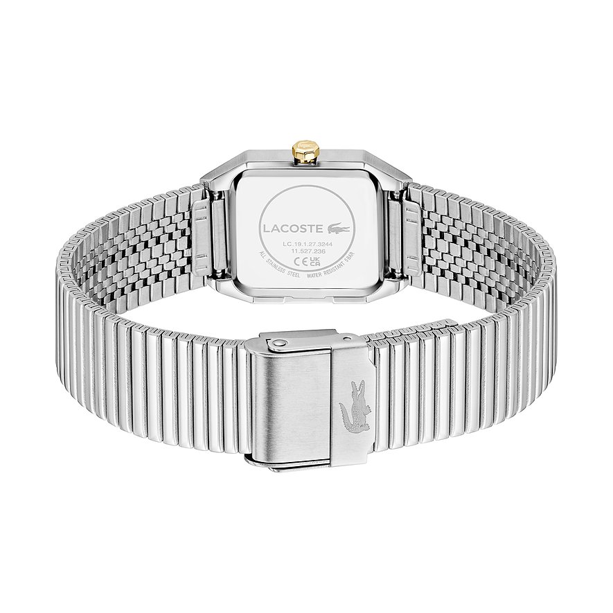 Rückansicht der Lacoste Damenuhr aus Edelstahl mit rechteckigem Gehäuse und verstellbarem, glänzendem Metallband.