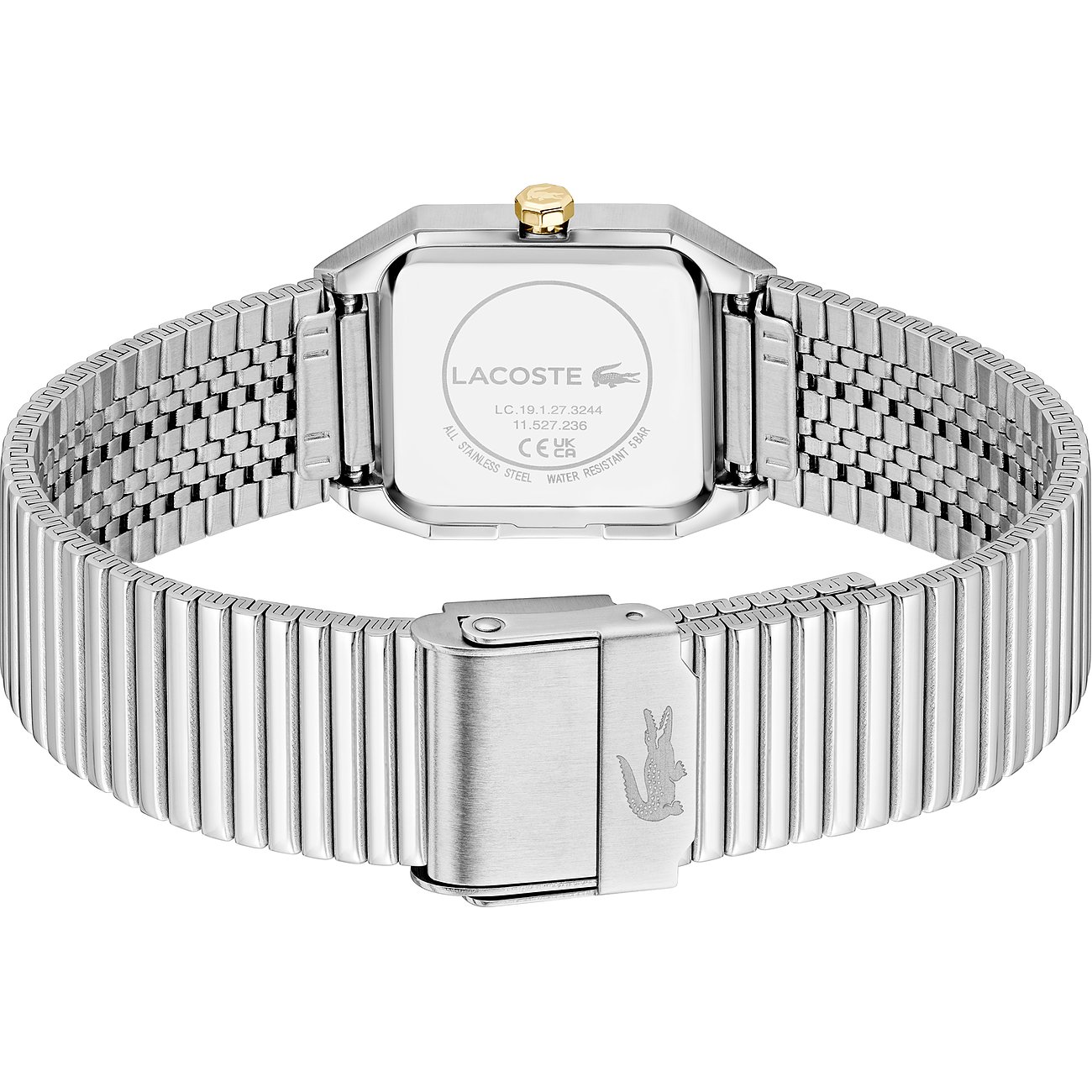 Rückansicht der Lacoste Damenuhr aus Edelstahl mit rechteckigem Gehäuse und verstellbarem, glänzendem Metallband.