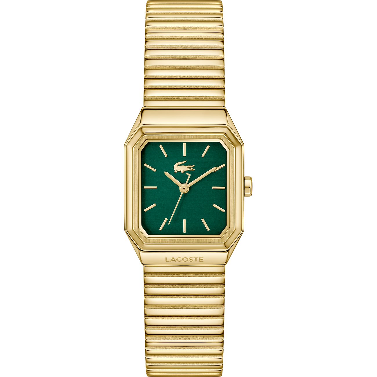 Eine rechteckige Lacoste Damenuhr aus goldfarbenem Edelstahl mit einem dunkelgrünen Zifferblatt und goldfarbenen Zeigern.