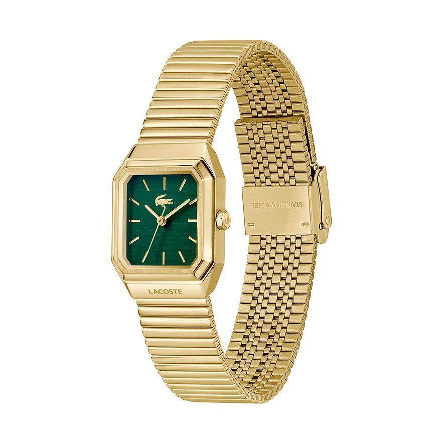 Nahaufnahme einer luxuri den Lacoste Damenuhr aus goldenem Edelstahl mit gr dem Zifferblatt und feinen goldenen Indexen.