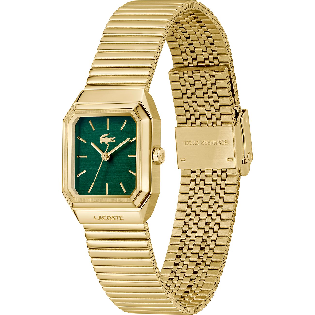 Nahaufnahme einer luxuri den Lacoste Damenuhr aus goldenem Edelstahl mit gr dem Zifferblatt und feinen goldenen Indexen.