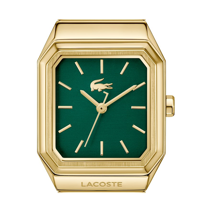 Lacoste Damenuhr aus goldfarbenem Edelstahl mit achteckigem Gehäuse und dunkelgrünem Zifferblatt.