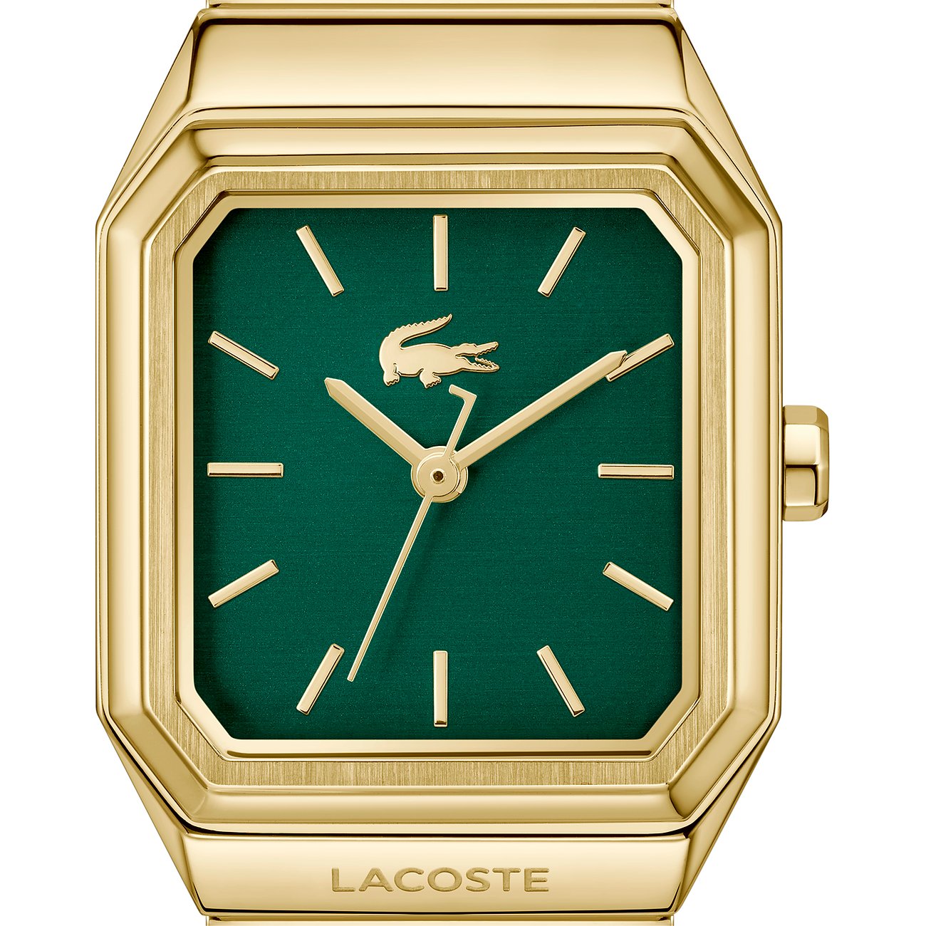 Lacoste Damenuhr aus goldfarbenem Edelstahl mit achteckigem Gehäuse und dunkelgrünem Zifferblatt.