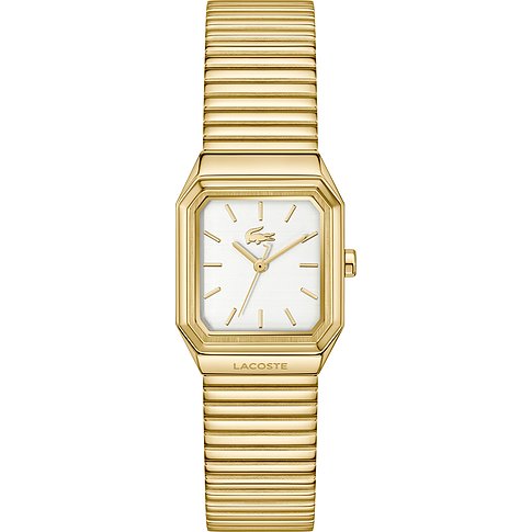Een rechthoekig, goudkleurig Lacoste dameshorloge van roestvrij staal met een witte wijzerplaat en gouden wijzers.
