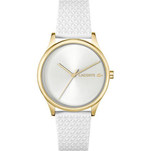 Lacoste dameshorloge van goudkleurig roestvrij staal met witte wijzerplaat en witte gestructureerde band.