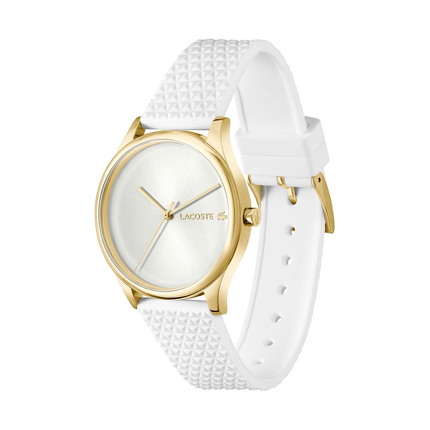 Die Lacoste Damenuhr aus Edelstahl hat ein rundes goldenes Zifferblatt mit feinen Zeigern und ein weißes Silikonarmband.