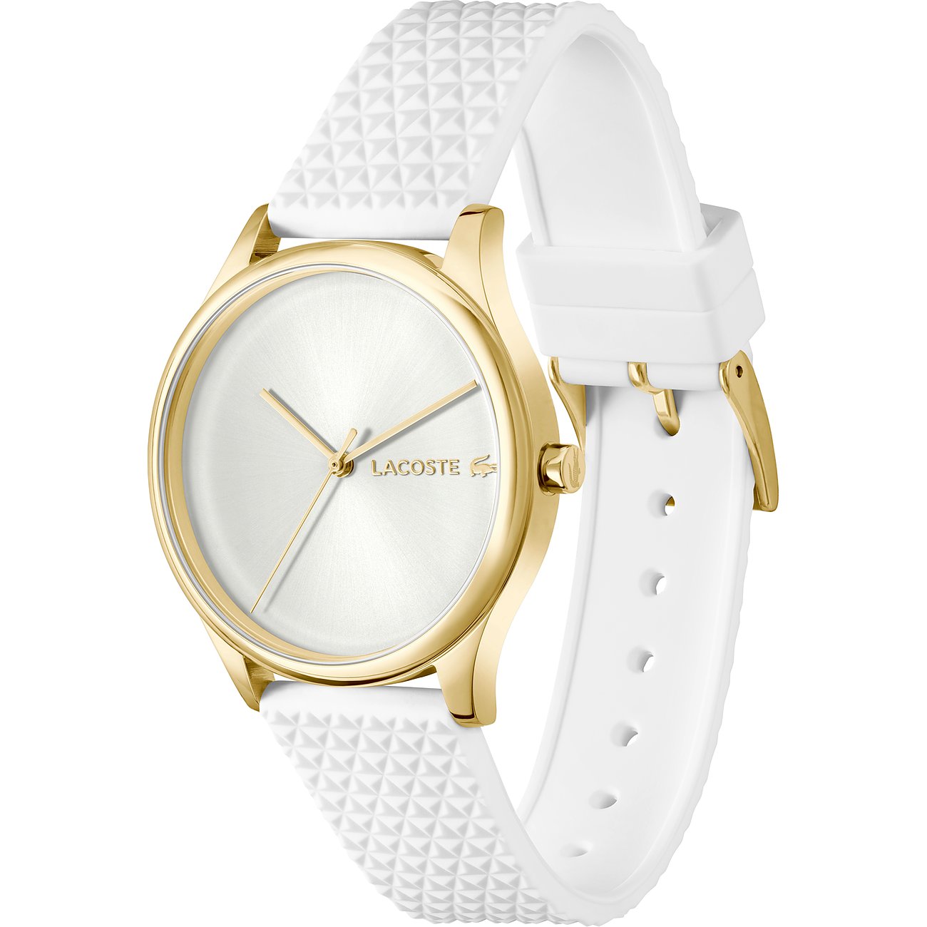 Die Lacoste Damenuhr aus Edelstahl hat ein rundes goldenes Zifferblatt mit feinen Zeigern und ein weißes Silikonarmband.