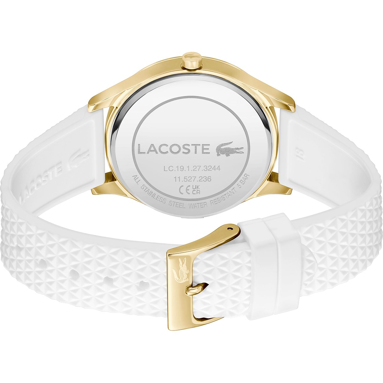 Rückansicht der Lacoste Damenuhr aus Edelstahl mit goldenem Gehäuse und weißem strukturierten Band auf weißem Hintergrund.