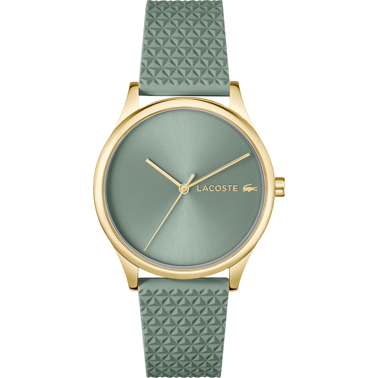 Lacoste Damenuhr aus goldfarbenem Edelstahl mit mintgrünem Zifferblatt und gemustertem Band auf weißem Hintergrund.