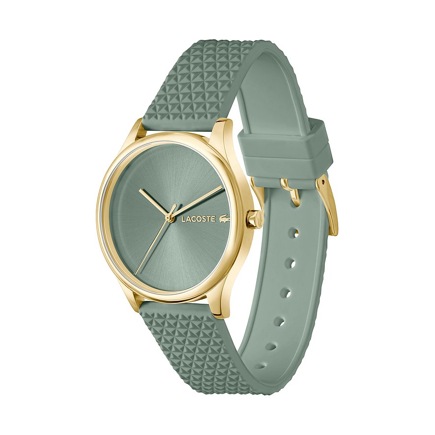 Lacoste Damenuhr aus Edelstahl mit goldenem Gehäuse, grauem Zifferblatt und mintgrünem strukturiertem Silikonarmband.