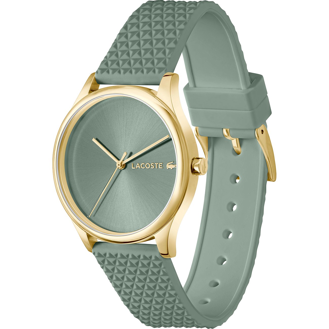 Lacoste Damenuhr aus Edelstahl mit goldenem Gehäuse, grauem Zifferblatt und mintgrünem strukturiertem Silikonarmband.