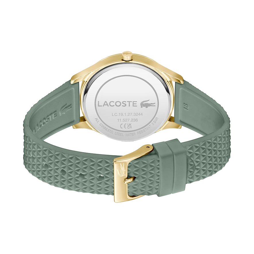 Rückseite einer Lacoste Damenuhr aus goldfarbenem Edelstahl mit mintgrünem strukturiertem Silikonarmband.