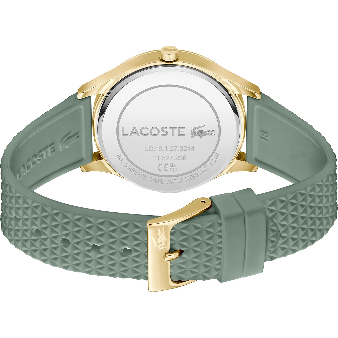 Rückseite einer Lacoste Damenuhr aus goldfarbenem Edelstahl mit mintgrünem strukturiertem Silikonarmband.