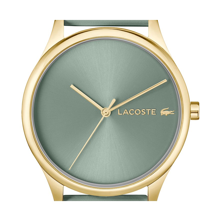 Nahaufnahme einer runden, goldfarbenen Lacoste Damenuhr aus Edelstahl mit mintgrünem Zifferblatt und goldenen Zeigern.