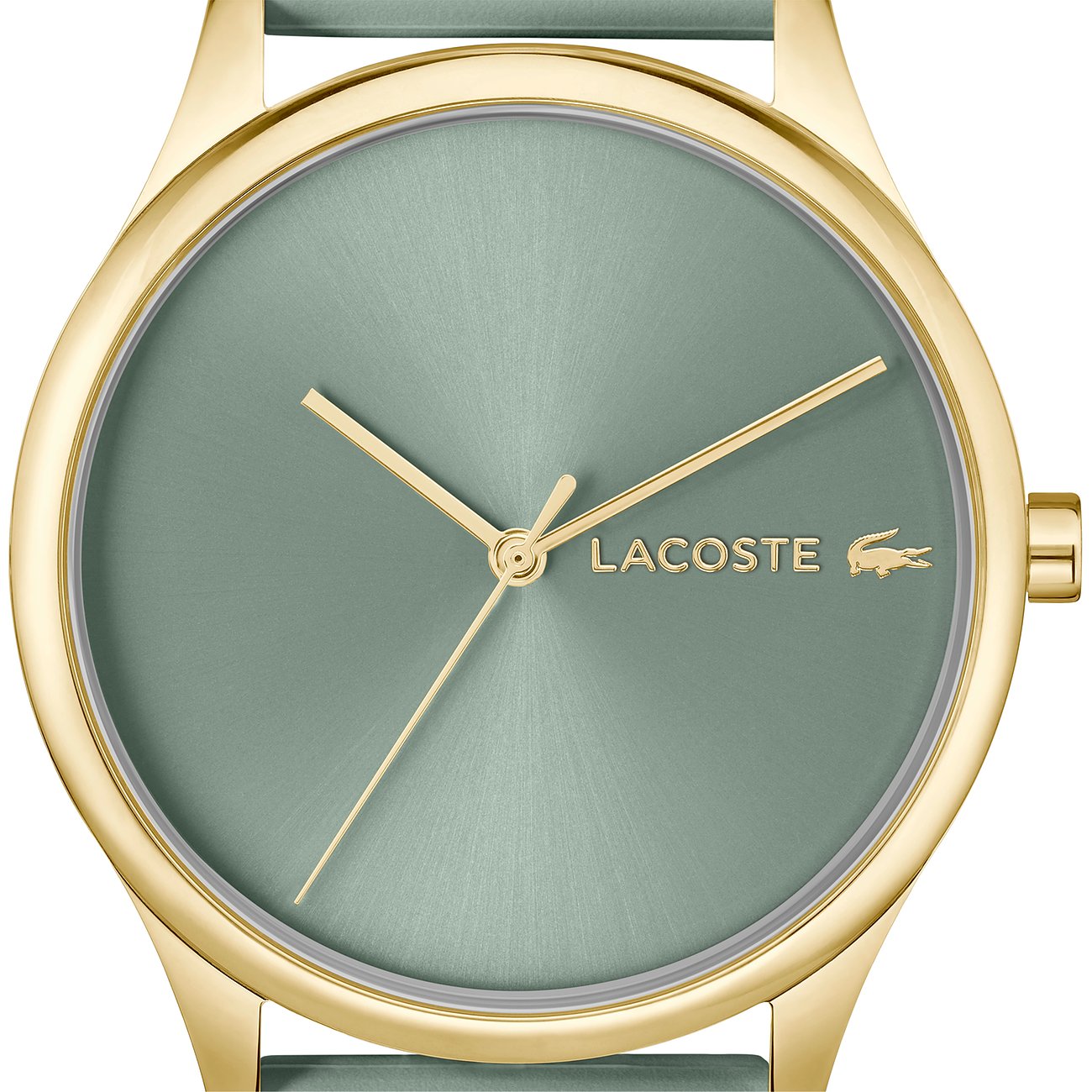 Nahaufnahme einer runden, goldfarbenen Lacoste Damenuhr aus Edelstahl mit mintgrünem Zifferblatt und goldenen Zeigern.
