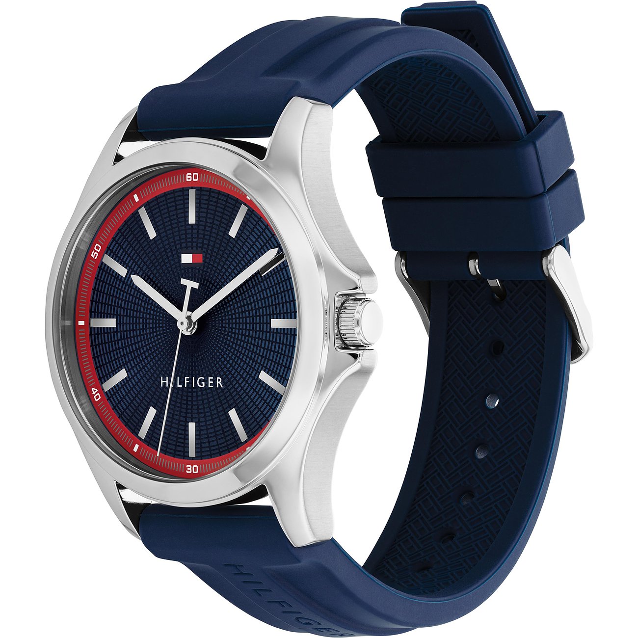 Tommy Hilfiger herenhorloge van blauw siliconen en roestvrij staal. Met een blauwe wijzerplaat en rode accenten.