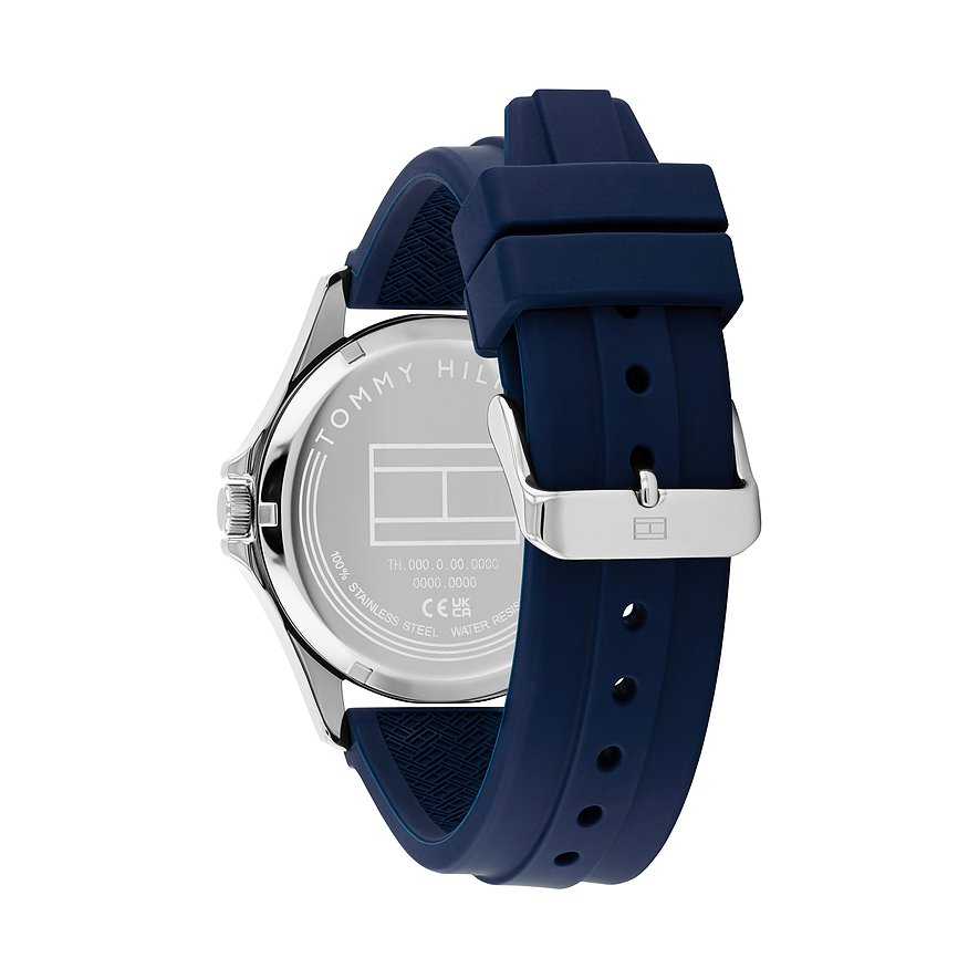 Achteraanzicht van het Tommy Hilfiger herenhorloge met blauwe siliconen band, zilverkleurige stalen sluiting en kast.