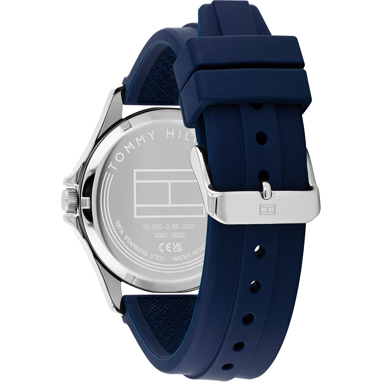 Achteraanzicht van het Tommy Hilfiger herenhorloge met blauwe siliconen band, zilverkleurige stalen sluiting en kast.