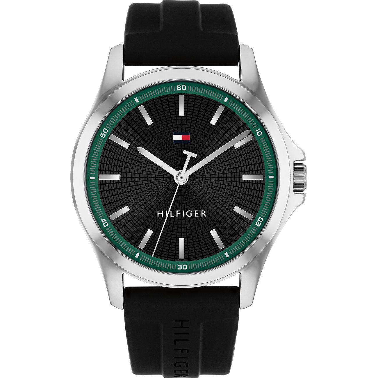 Die Tommy Hilfiger Herrenuhr ist aus Edelstahl gefertigt und hat ein schwarzes Zifferblatt mit grünen Akzenten.