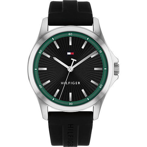 Het Tommy Hilfiger herenhorloge is gemaakt van roestvrij staal en heeft een zwarte wijzerplaat met groene accenten.