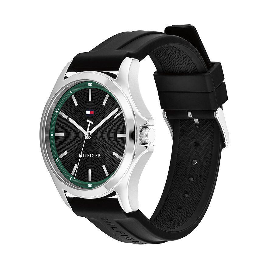 Tommy Hilfiger Herrenuhr aus Edelstahl mit schwarzem Zifferblatt, grüner Umrandung und schwarzem Silikonarmband.