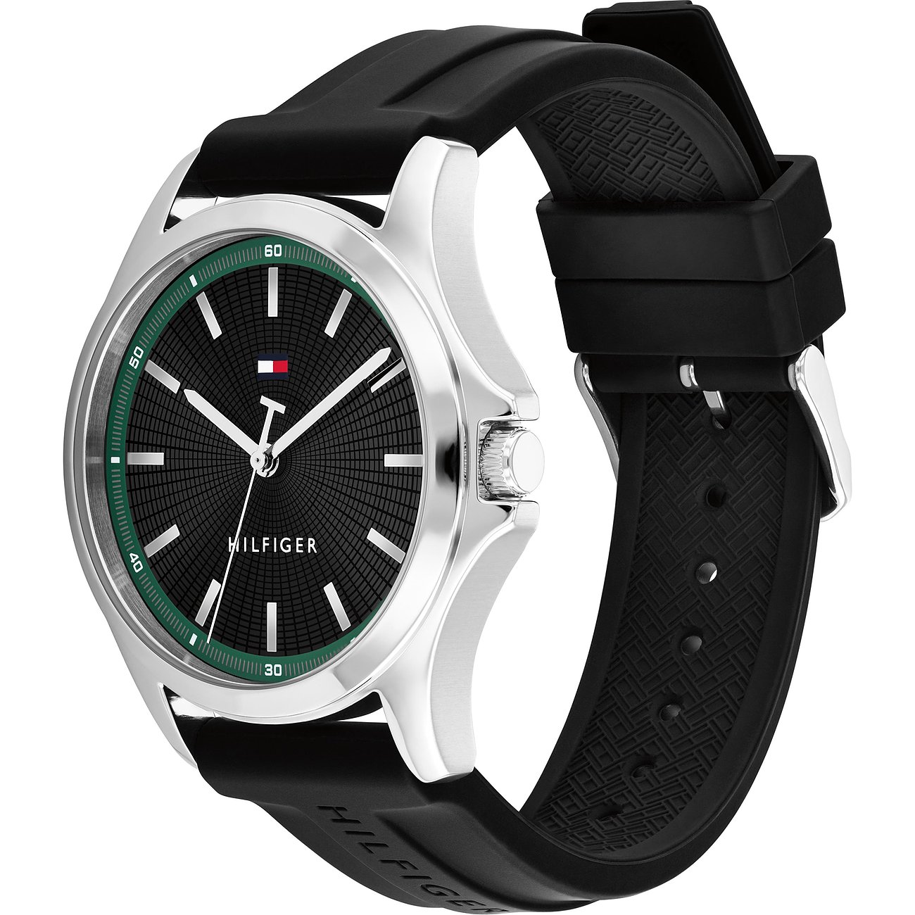 Tommy Hilfiger Herrenuhr aus Edelstahl mit schwarzem Zifferblatt, grüner Umrandung und schwarzem Silikonarmband.