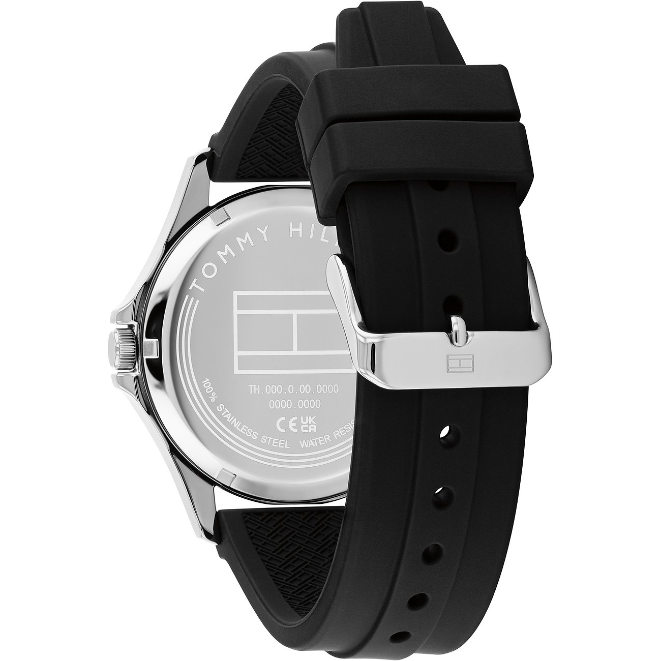 Rückansicht der Tommy Hilfiger Herrenuhr aus Edelstahl mit schwarzem Silikonarmband und graviertem Logo auf der Rückseite.
