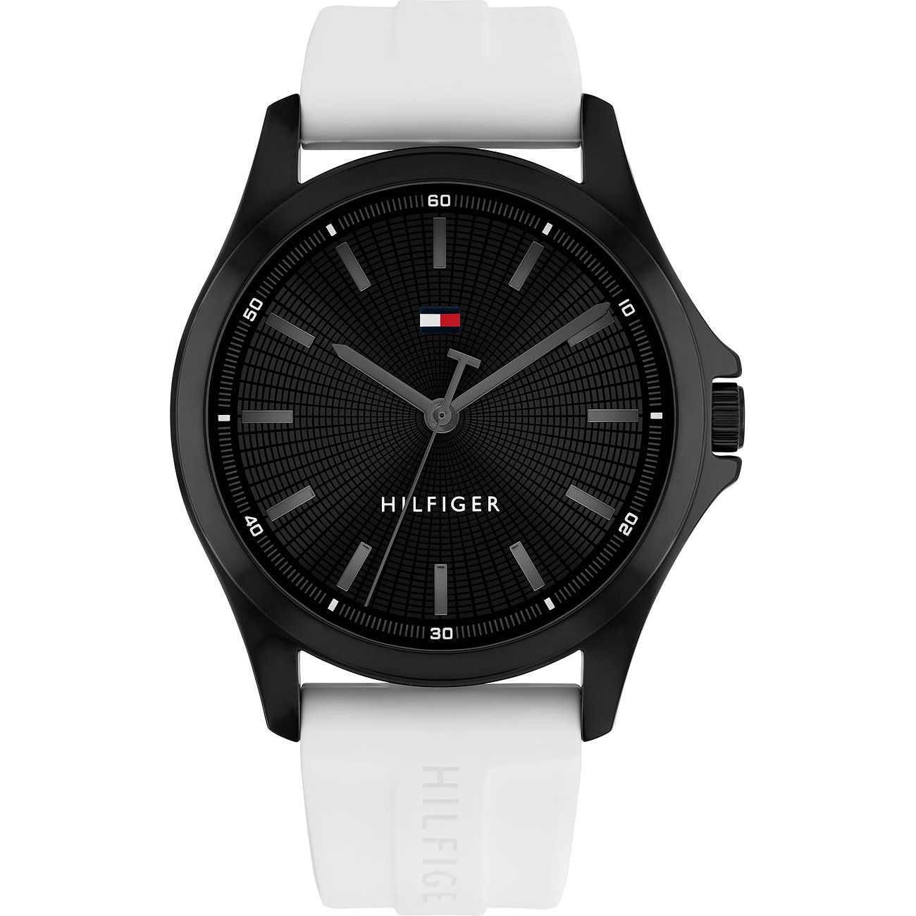 Tommy Hilfiger herenhorloge van zwart RVS met een zwarte wijzerplaat en witte siliconen band.