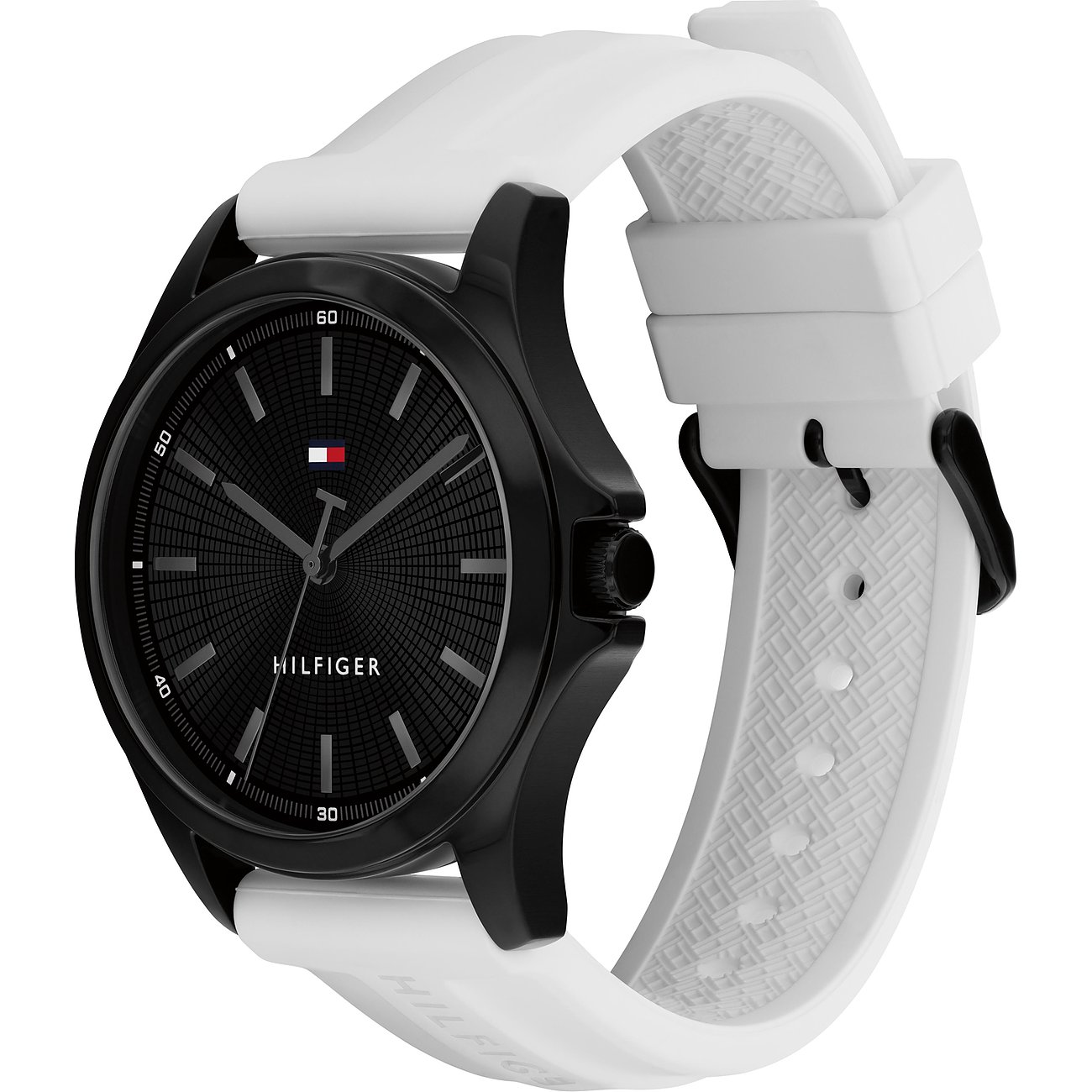 Een zwart Tommy Hilfiger herenhorloge van roestvrij staal met witte siliconen band en zwarte wijzerplaat.