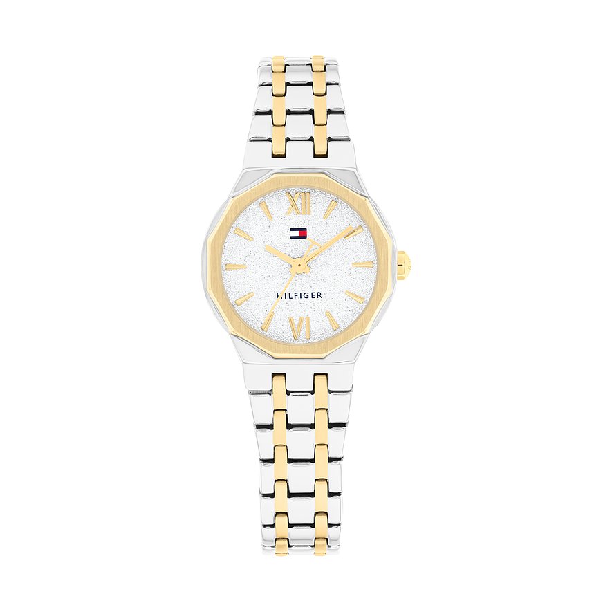 Tommy Hilfiger Damenuhr aus gold- und silberfarbenem Edelstahl. Das Zifferblatt ist glitzernd weiß mit goldenen Zeigern.