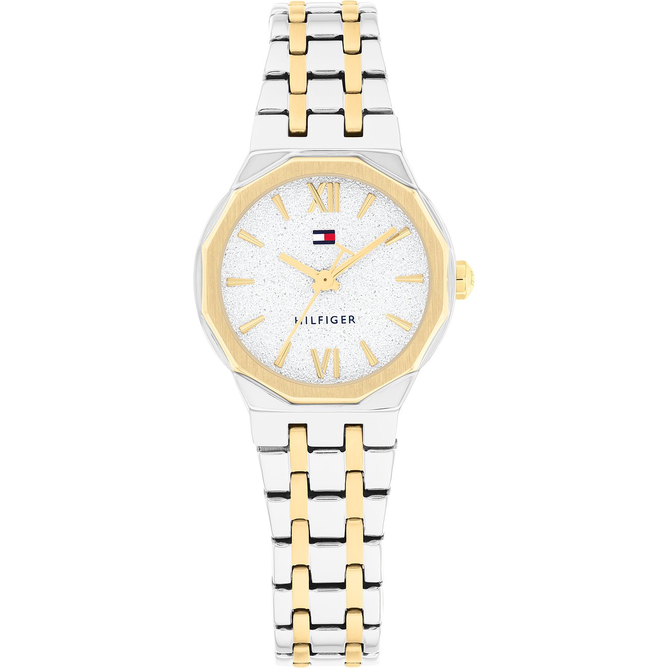 Tommy Hilfiger Damenuhr aus gold- und silberfarbenem Edelstahl. Das Zifferblatt ist glitzernd weiß mit goldenen Zeigern.