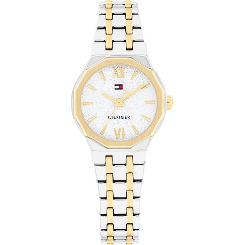 Tommy Hilfiger dameshorloge van goud- en zilverkleurig RVS. De wijzerplaat is glinsterend wit met gouden wijzers.