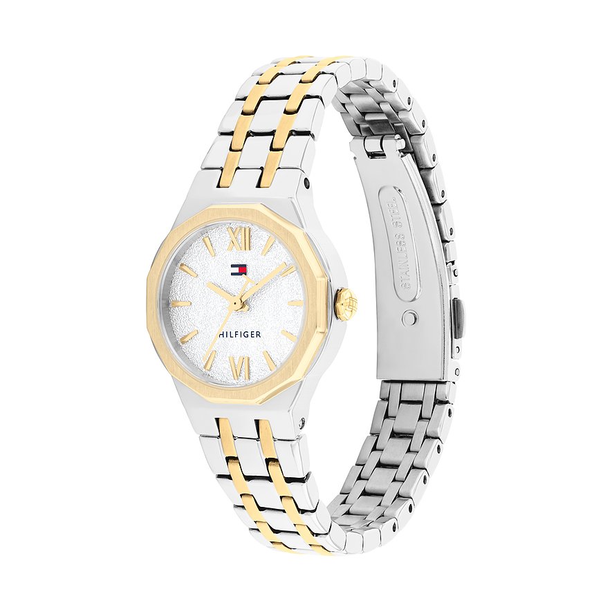 Tommy Hilfiger Damenuhr aus Edelstahl in Gold und Silber, mit weißem Zifferblatt und römischen Ziffern.
