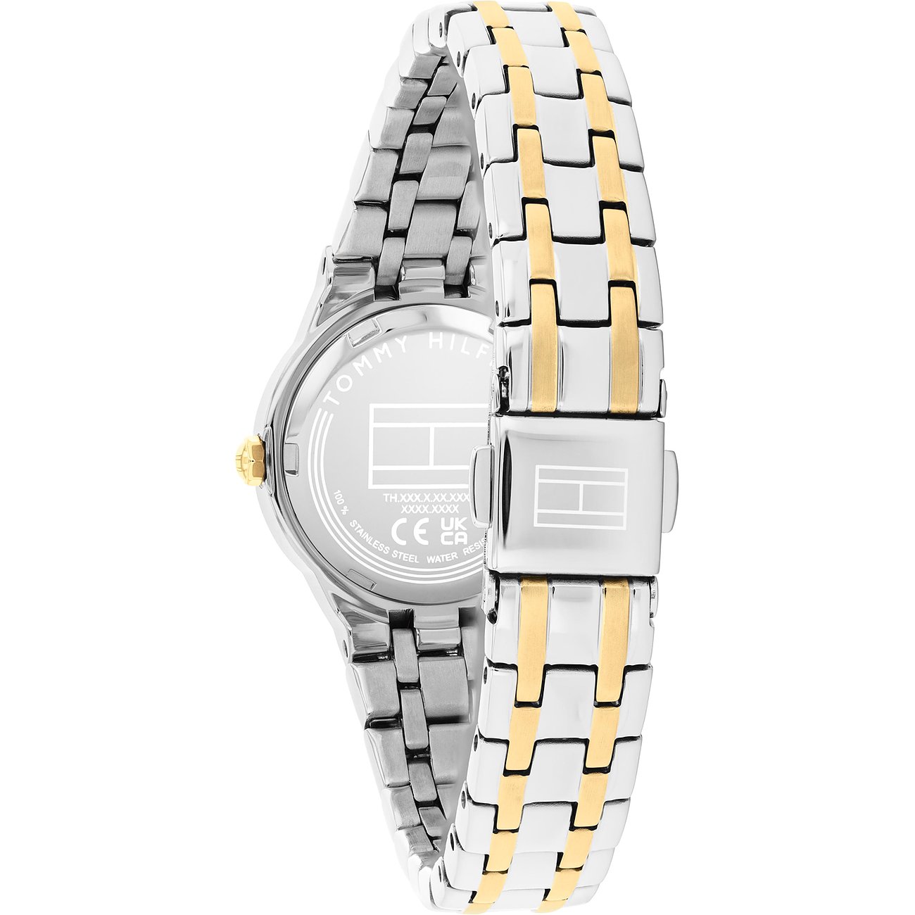 Rückseite einer Tommy Hilfiger Damenuhr aus poliertem Edelstahl mit goldfarbenen Akzenten im Armband.
