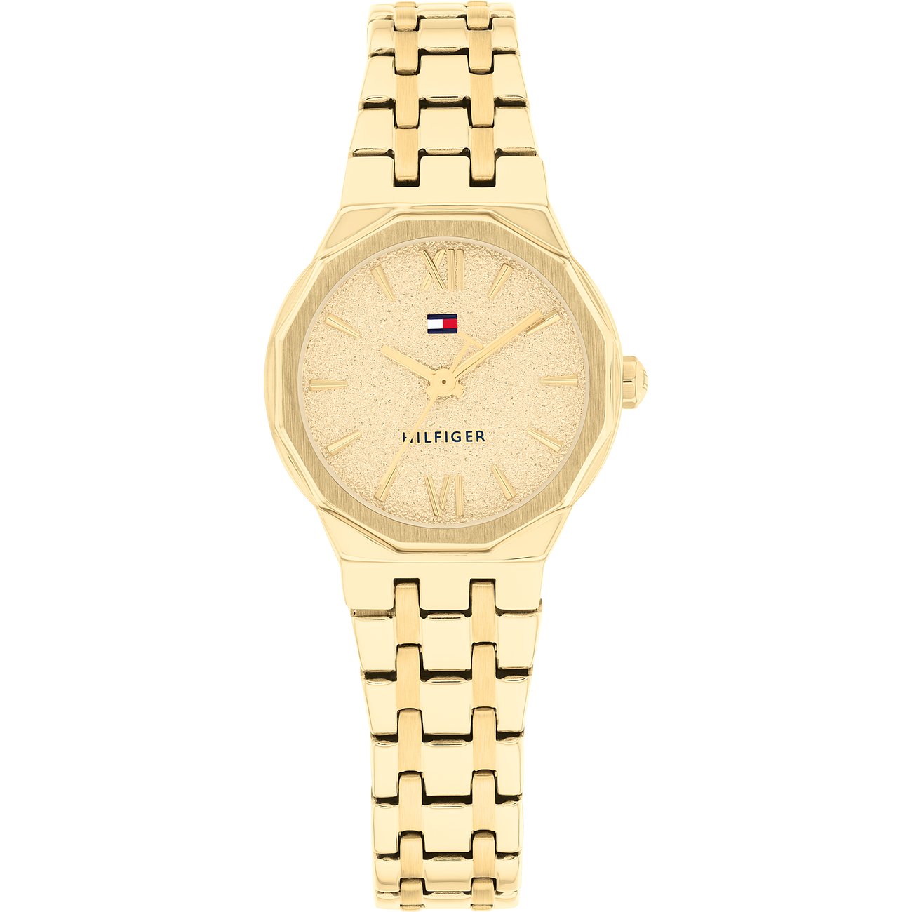 Die goldfarbene Tommy Hilfiger Damenuhr aus Edelstahl von vorne gesehen, mit strukturiertem Zifferblatt.
