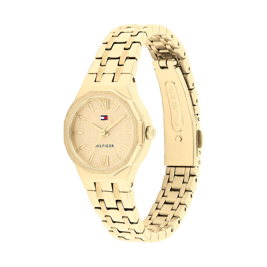 Die goldene Tommy Hilfiger Damenuhr aus Edelstahl von vorne zeigt das cremefarbene Zifferblatt mit römischen Ziffern.