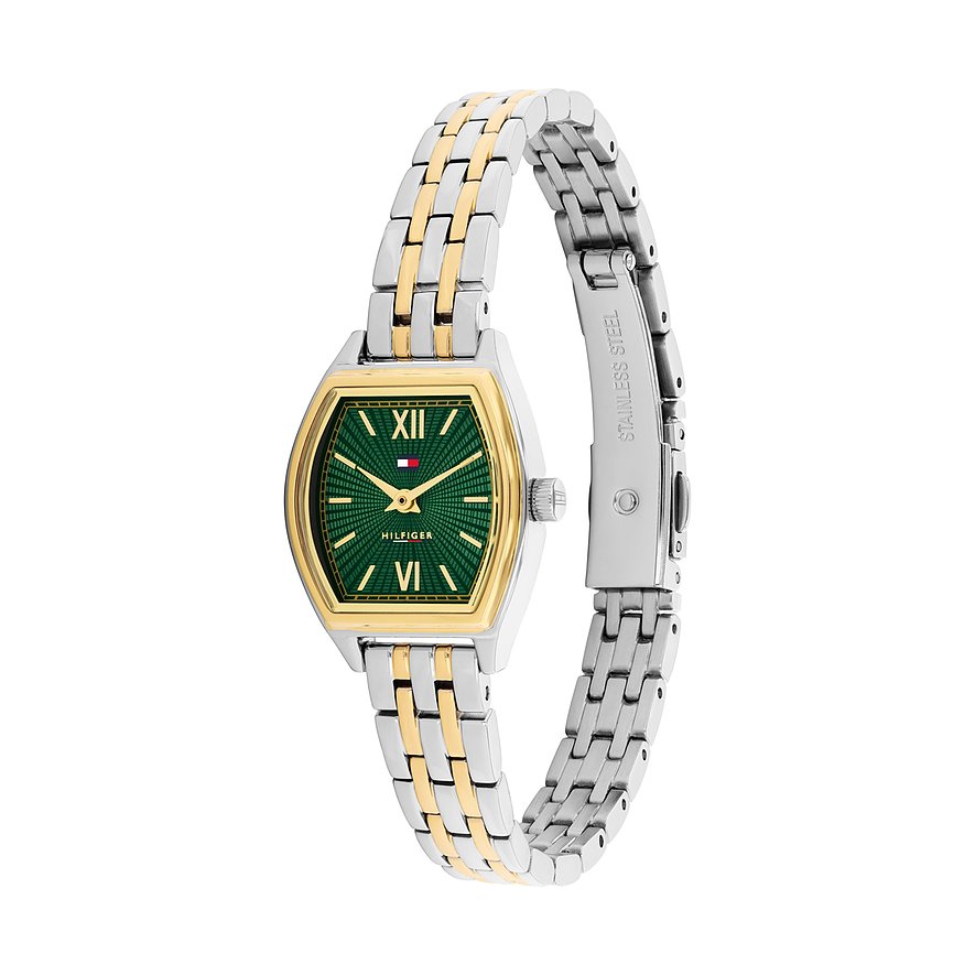 Tommy Hilfiger Damenuhr aus Edelstahl von vorne gesehen, gold-silbernes Armband, grünes Zifferblatt.