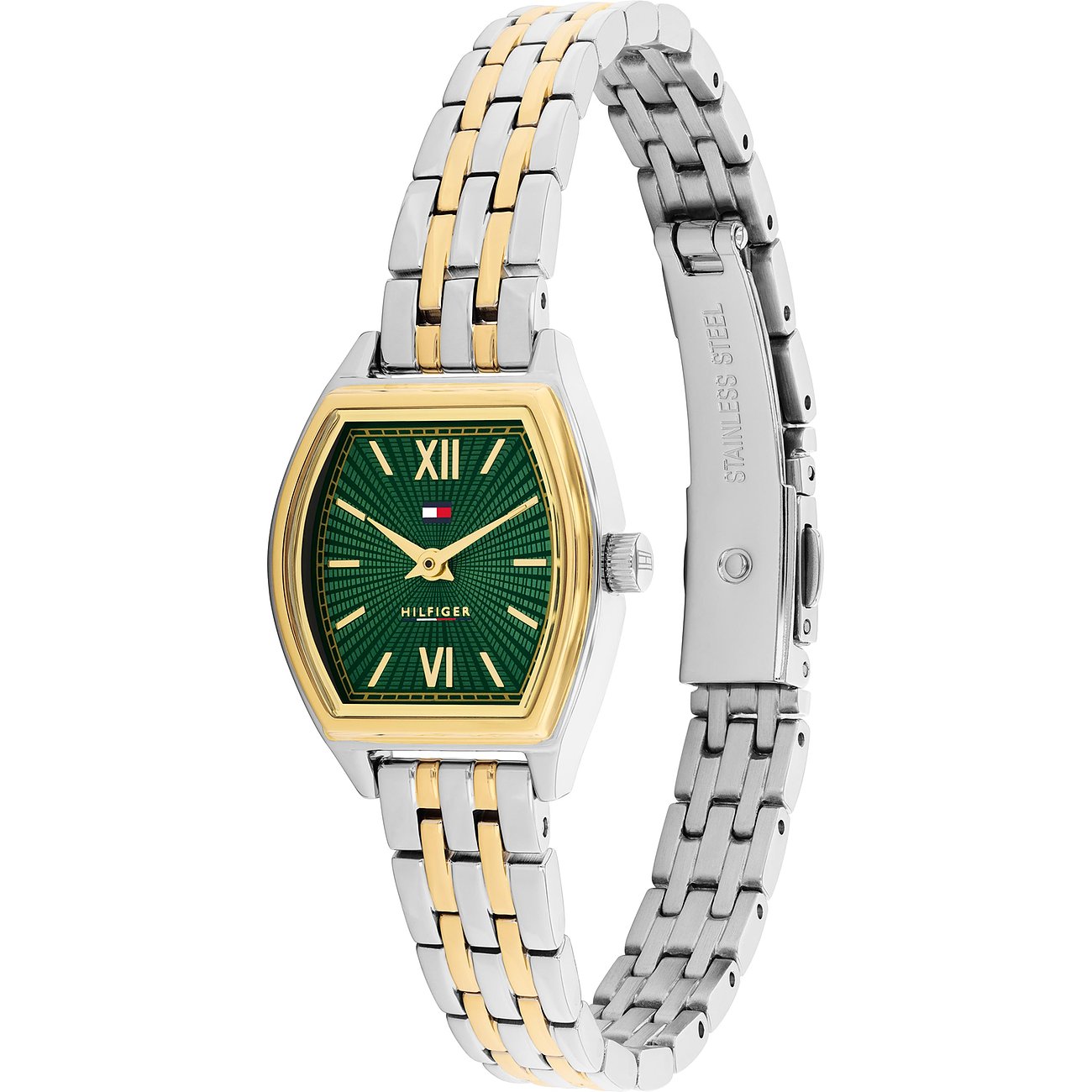 Tommy Hilfiger Damenuhr aus Edelstahl von vorne gesehen, gold-silbernes Armband, grünes Zifferblatt.