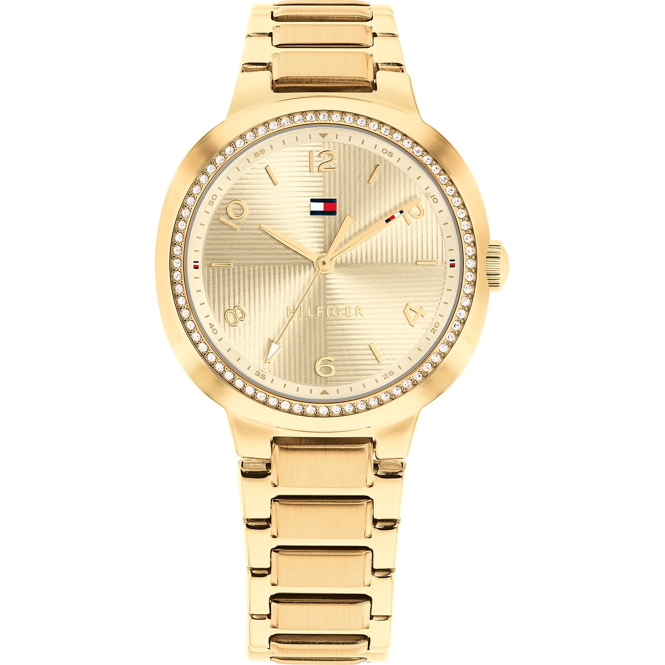 Eine goldene Tommy Hilfiger Damenuhr aus Edelstahl mit einem Zifferblatt und einem mit Steinen besetzten Rand.