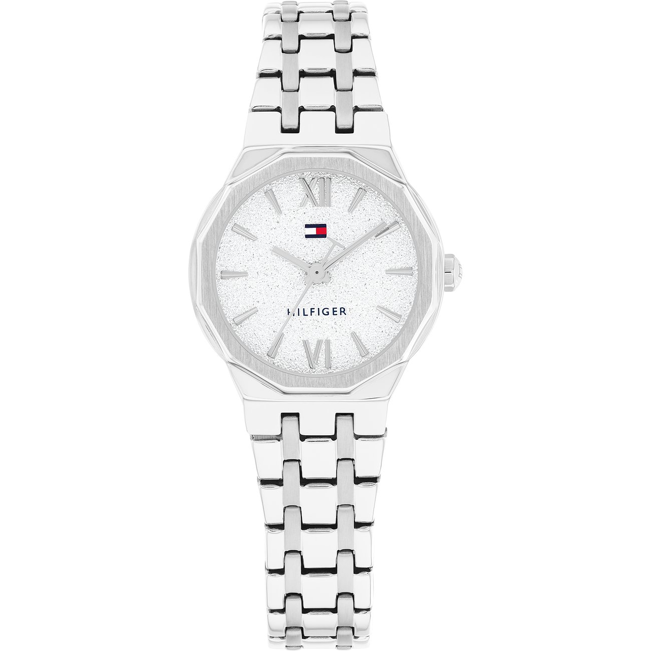 Tommy Hilfiger Damenuhr aus Edelstahl mit einem achteckigen Zifferblatt. Das helle Zifferblatt hat einen glitzernden Effekt.