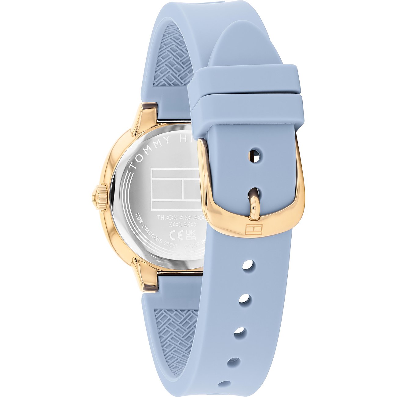 Rückansicht einer Tommy Hilfiger Damenuhr aus goldfarbenem Edelstahl mit hellblauem Armband und Dornschließe.