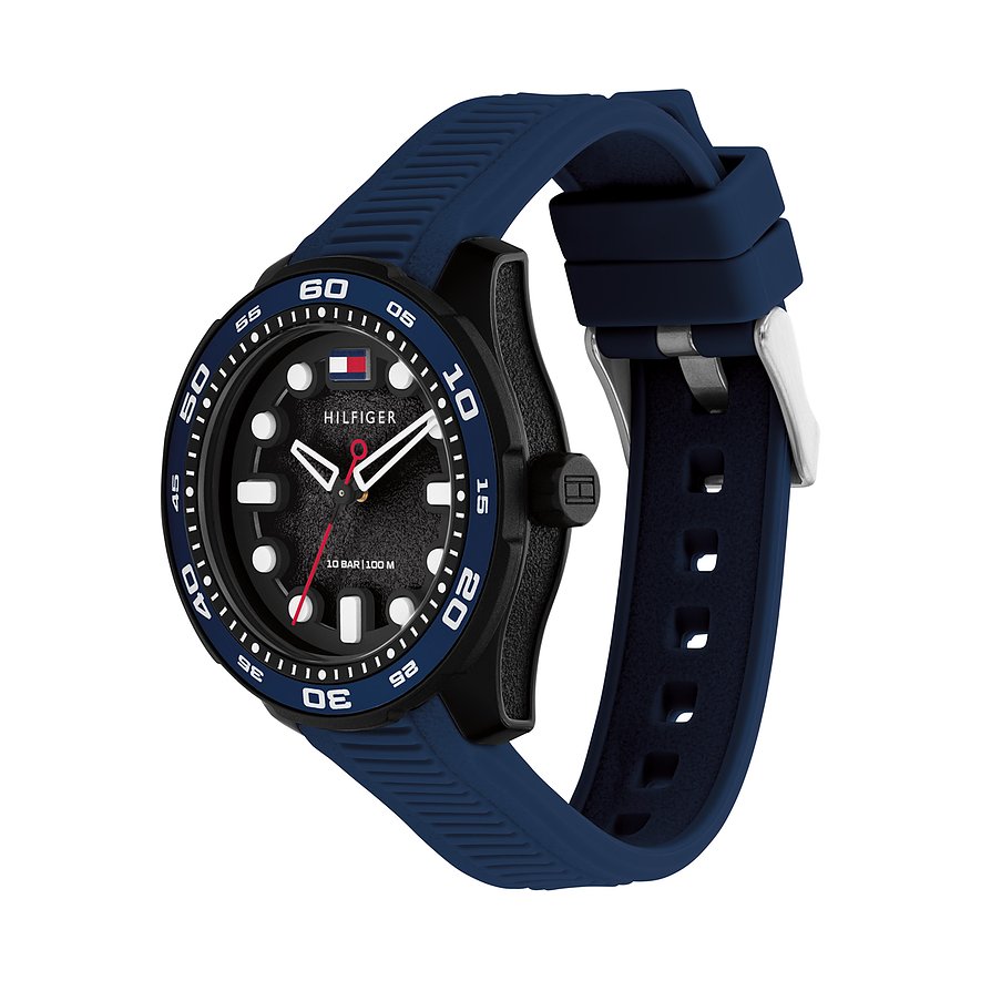 Tommy Hilfiger kinder-/jongerenhorloge met zwarte RVS kast, blauwe aluminium wijzerplaat en blauwe band.