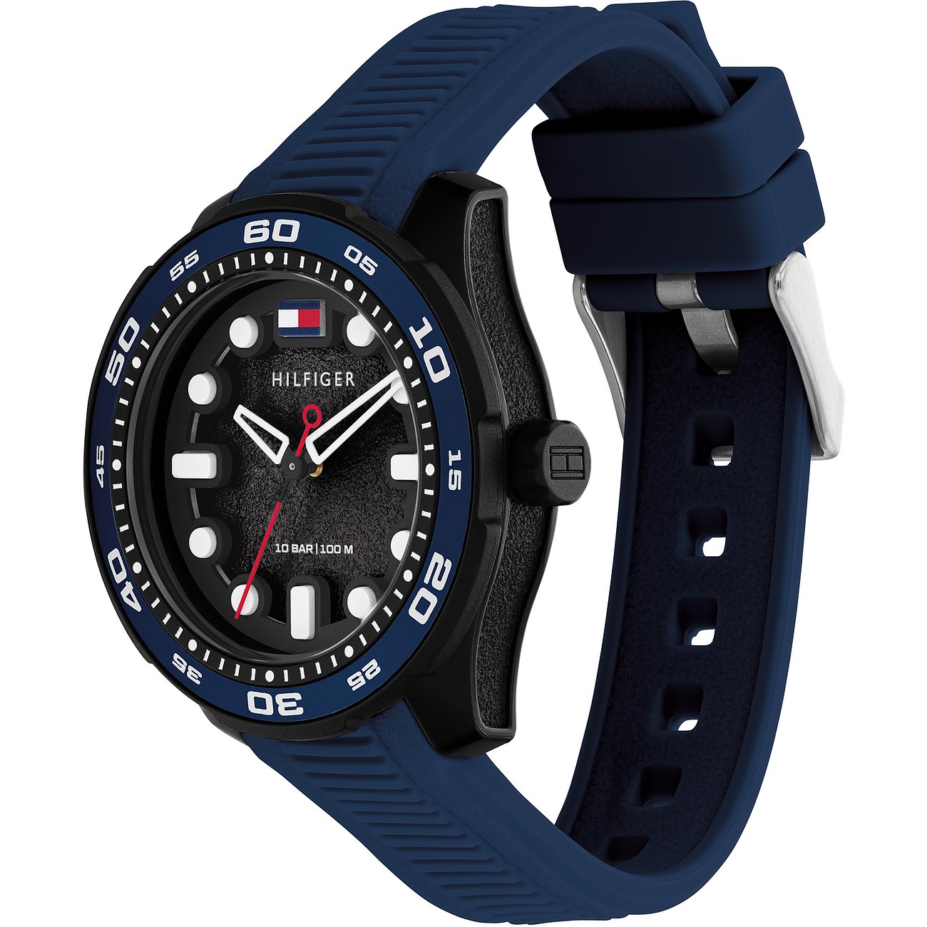 Tommy Hilfiger kinder-/jongerenhorloge met zwarte RVS kast, blauwe aluminium wijzerplaat en blauwe band.