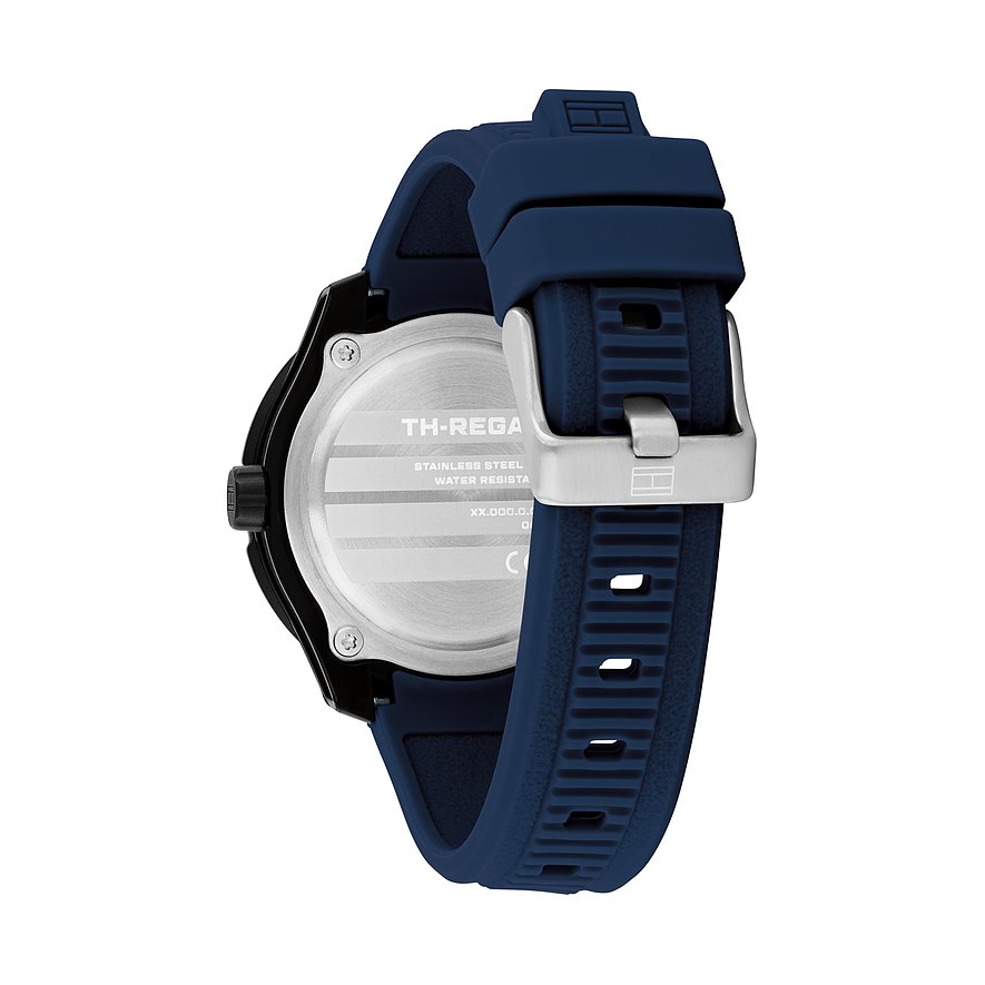 Achteraanzicht van het Tommy Hilfiger kinder-/jeugdhorloge van roestvrij staal en aluminium met blauwe band.