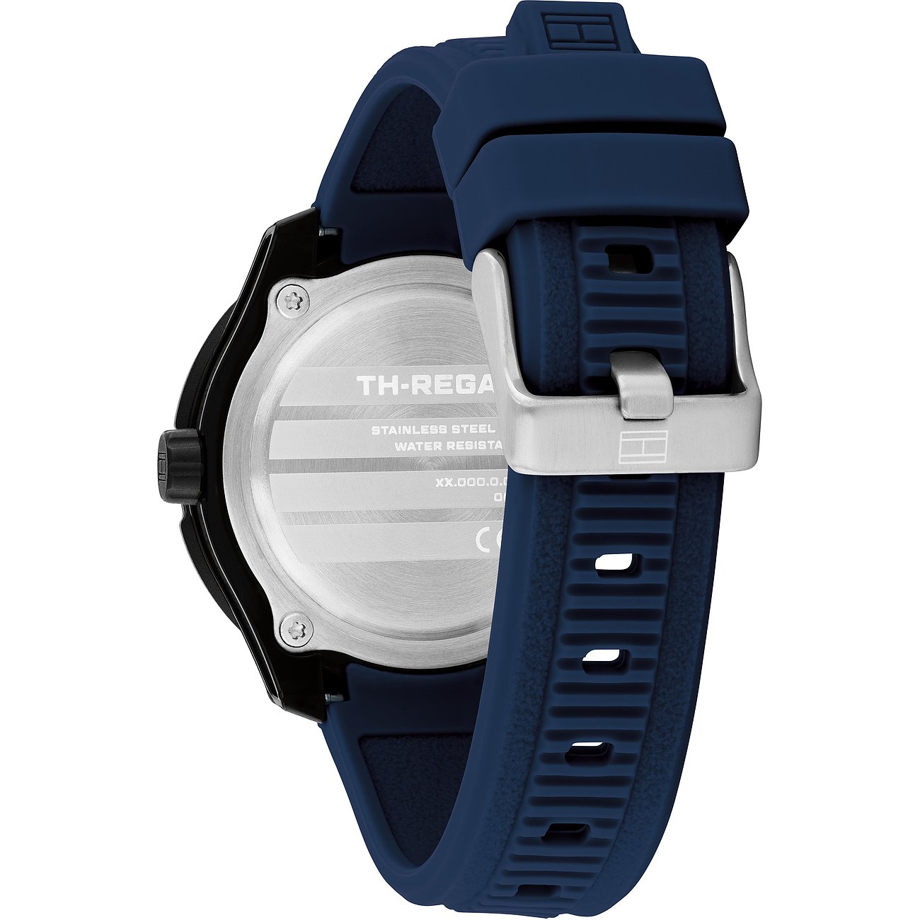 Achteraanzicht van het Tommy Hilfiger kinder-/jeugdhorloge van roestvrij staal en aluminium met blauwe band.