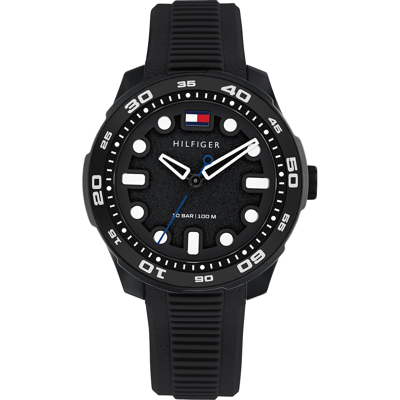 Een zwart Tommy Hilfiger kinder-/jeugdhorloge van roestvrij staal en aluminium met een zwarte wijzerplaat