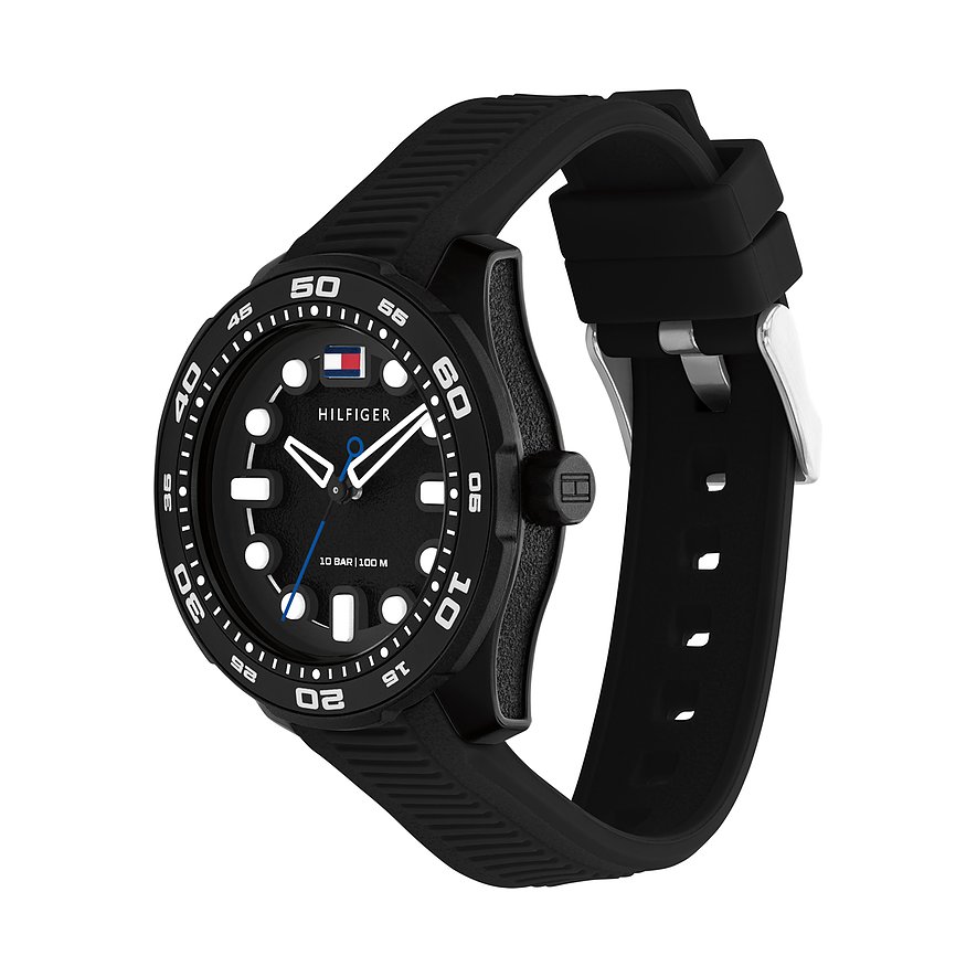 Tommy Hilfiger kinder-/tienerhorloge van RVS en aluminium met zwarte wijzerplaat en band.